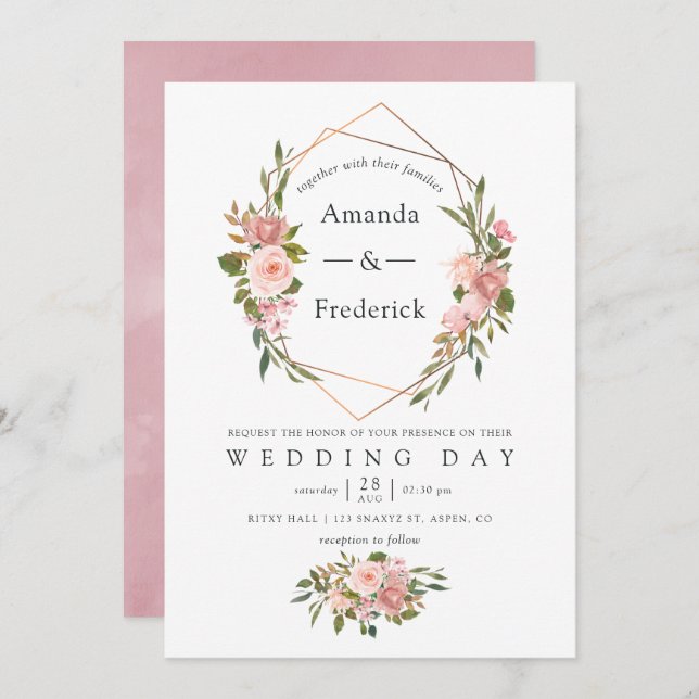 Watercolor Gold Geometric Blush Pink Roses Wedding Invitation (Front/Back)