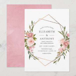 Watercolor Gold Geometric Blush Pink Roses Wedding Invitation