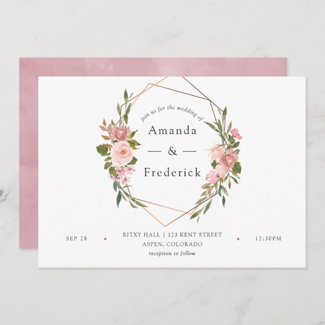 Watercolor Gold Geometric Blush Pink Roses Wedding Invitation (Front/Back)