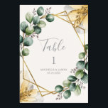 Watercolor Gold Geometric Floral Eucalyptus Green  Table Number<br><div class="desc">Add a touch of elegant botanical charm to your wedding reception with this Watercolor Gold Geometric Floral Eucalyptus Green Table Number design. Featuring a delicate arrangement of soft watercolor eucalyptus leaves and subtle greenery, this design is beautifully framed within a modern gold geometric shape. The fresh botanical elements combined with...</div>