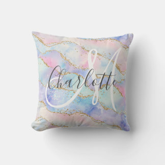Watercolor gold glitter agate monogram cushion
