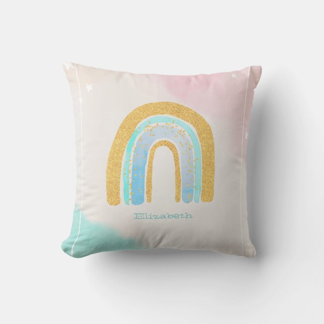 Watercolor Gold Glitter Rainbow  Cushion (Front)