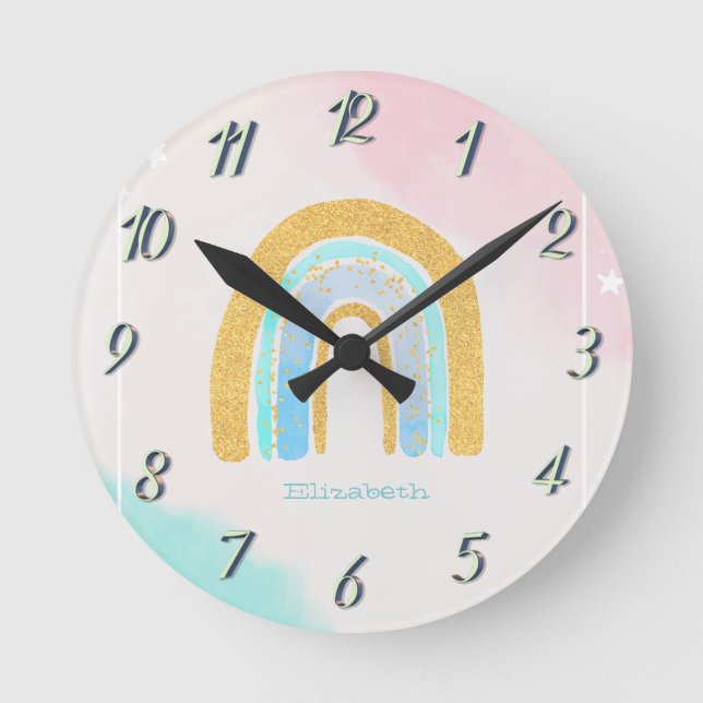 Watercolor Gold Glitter Rainbow Round Clock (Front)