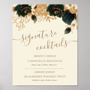 Watercolor Gold Green Roses Cocktail Sign