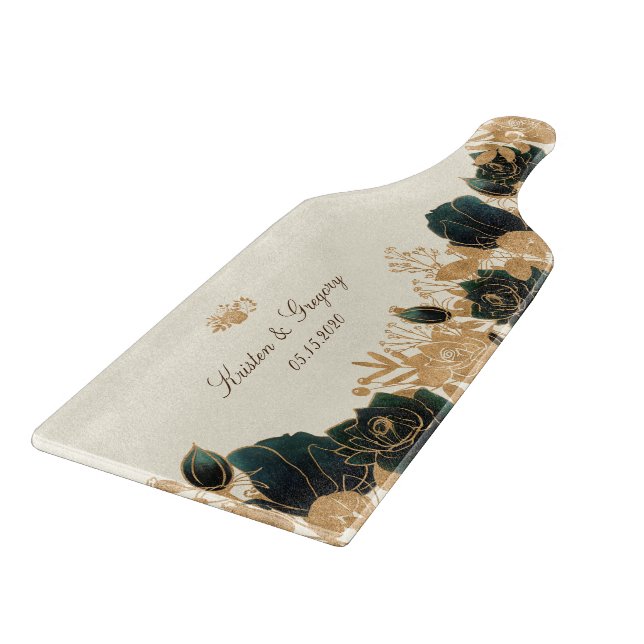 Watercolor Gold Green Roses Elegant Wedding Cutting Board (Corner)