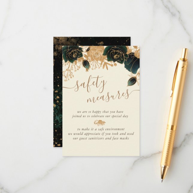 Watercolor Gold Green Roses Safety Measures  Enclosure Card (Front/Back In Situ)