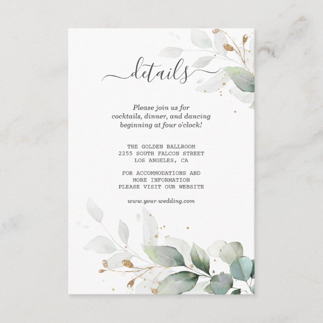 Watercolor Gold Greenery Wedding Details  Enclosure Card (Front)