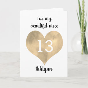 Watercolor Gold Heart Happy 13th Birthday Niece Card