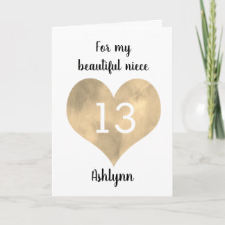 Watercolor Gold Heart Happy 13th Birthday Niece Card