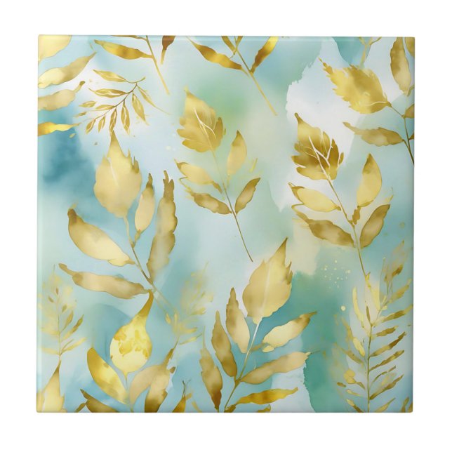 Watercolor Gold Leaves on Soft Blue Background Ceramic Tile (Front)
