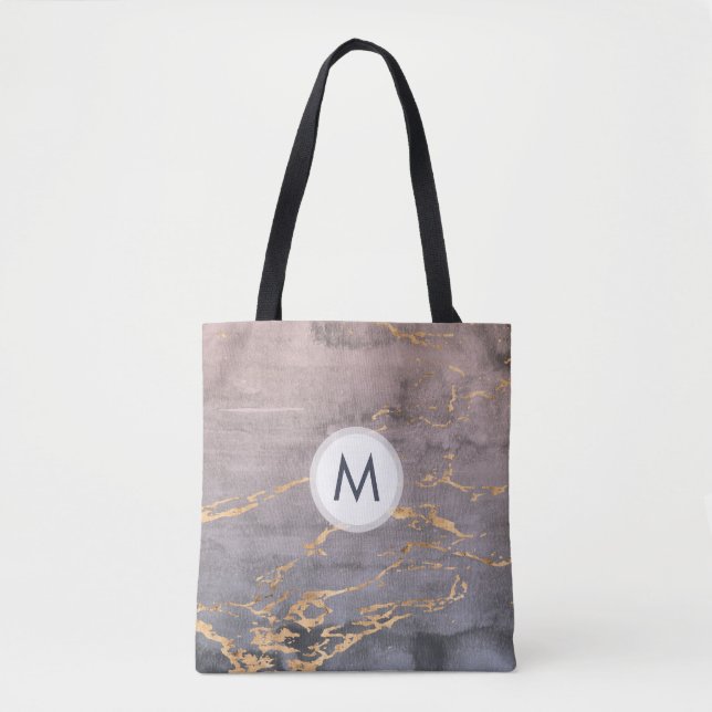 Watercolor & Gold Monogram Tote Bag (Front)