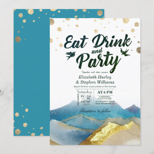 Watercolor Gold Mountain EAT Drink & Party Wedding Invitation