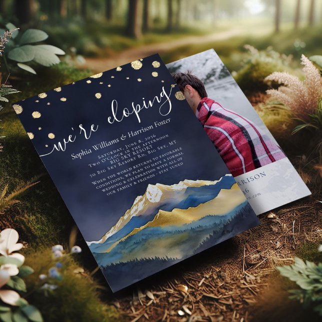 Watercolor Gold Mountains Photo Wedding Elopement  Invitation (Creator Uploaded)