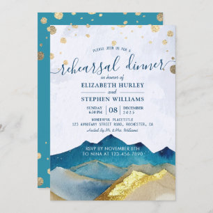 Watercolor Gold Mountains Wedding Rehearsal Dinner Invitation