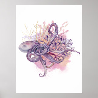 Watercolor & Gold Octopus Wall Art Poster