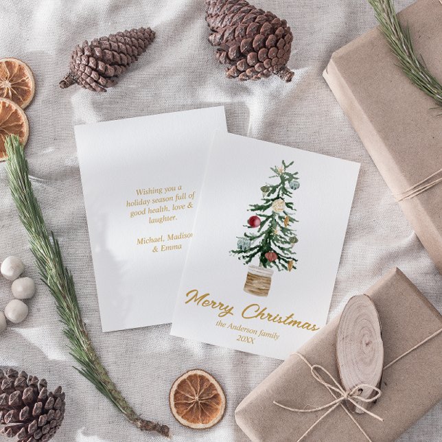 Watercolor Gold Ornaments Tree Merry Christmas Holiday Card (Creator Uploaded)