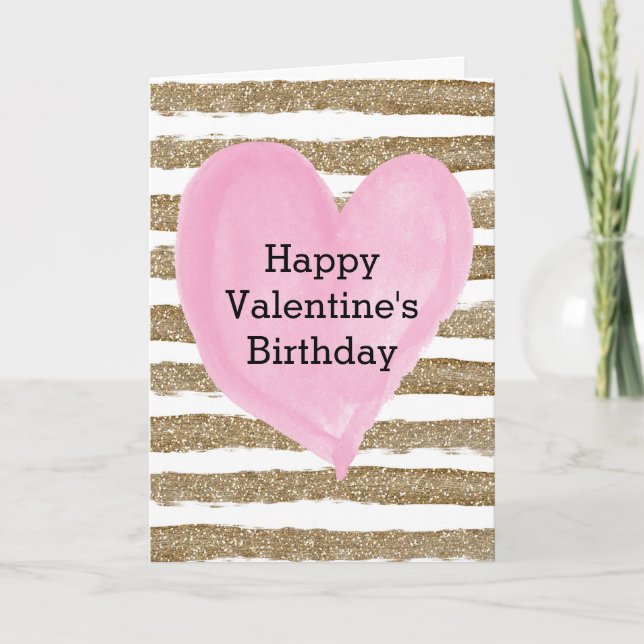 Watercolor Gold Pink Heart Valentine Birthday Card (Front)