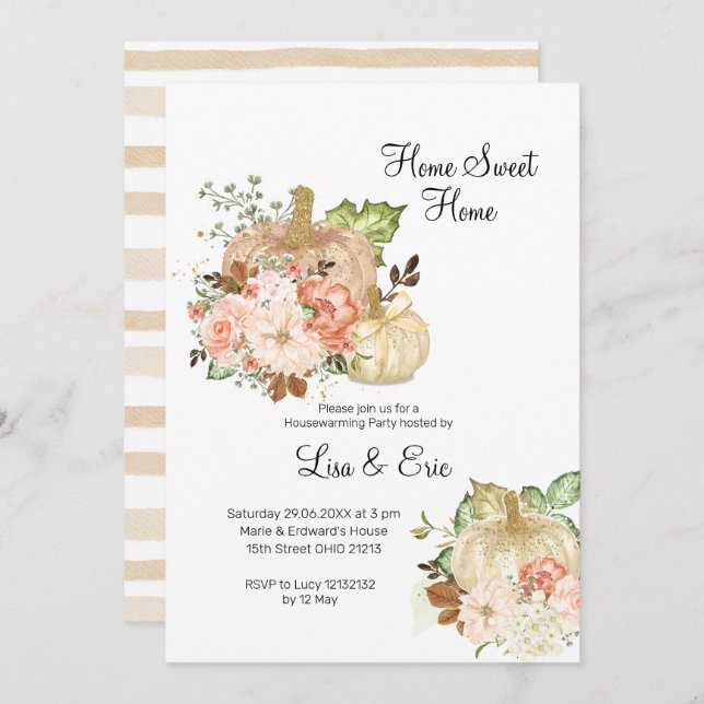 Watercolor Gold Pumpkin Housewarming Party Invite (Front/Back)