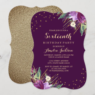 Watercolor Gold Purple Flower 16th Birthday Party Invitation