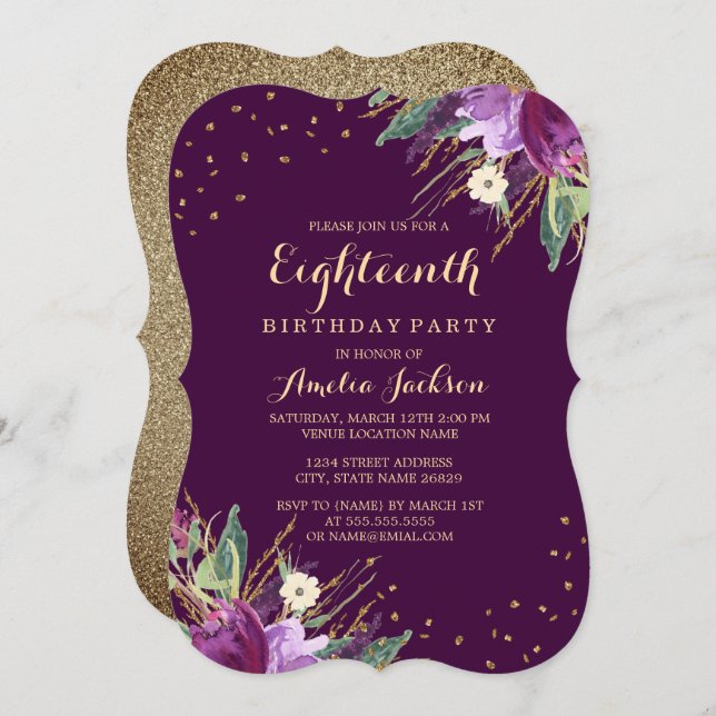 Watercolor Gold Purple Flower 18th Birthday Invitation (Front/Back)