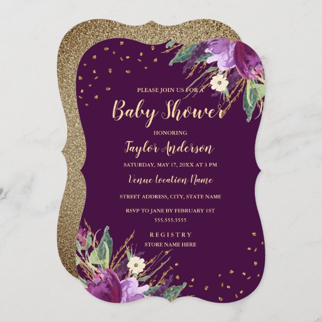 Watercolor Gold Purple Flower Baby Shower Invitation (Front/Back)