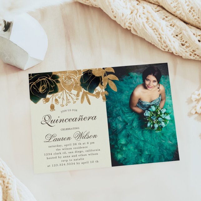 Watercolor Gold Roses Quinceanera Photo Invitation (Creator Uploaded)