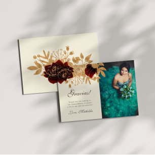 Watercolor Gold Roses Quinceanera Thank You Card