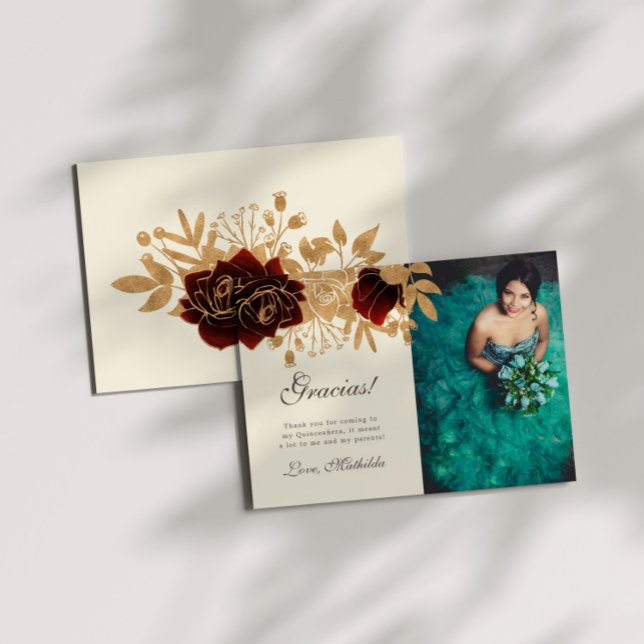 Watercolor Gold Roses Quinceanera Thank You Card (Creator Uploaded)