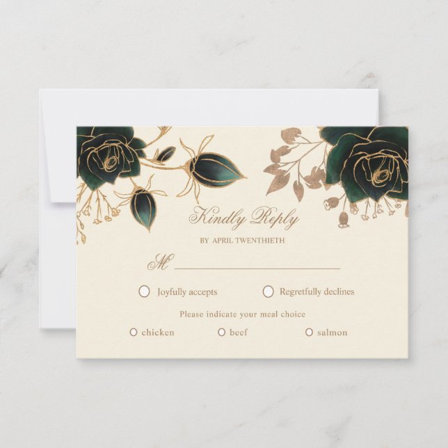 Watercolor Gold Roses RSVP meal choice card (Front)