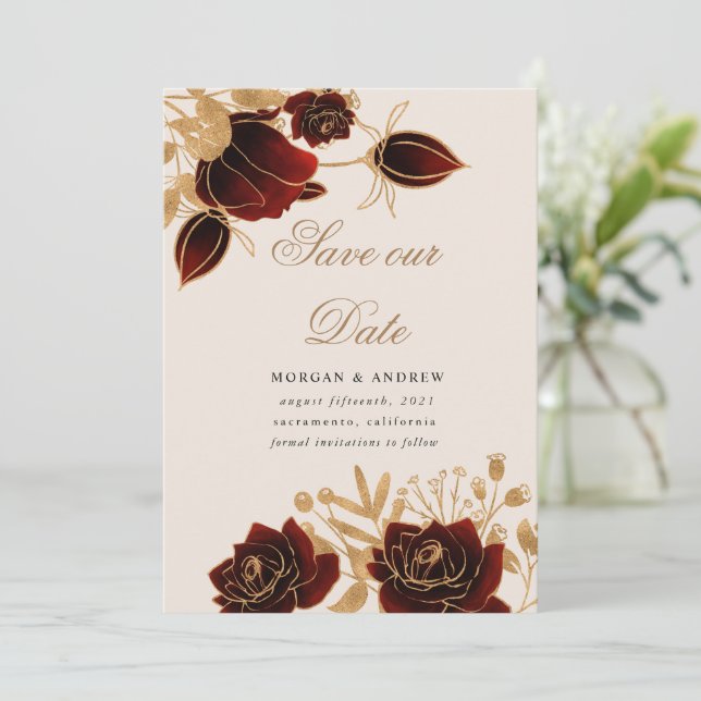 Watercolor Gold Roses Save The Date Invitation (Standing Front)