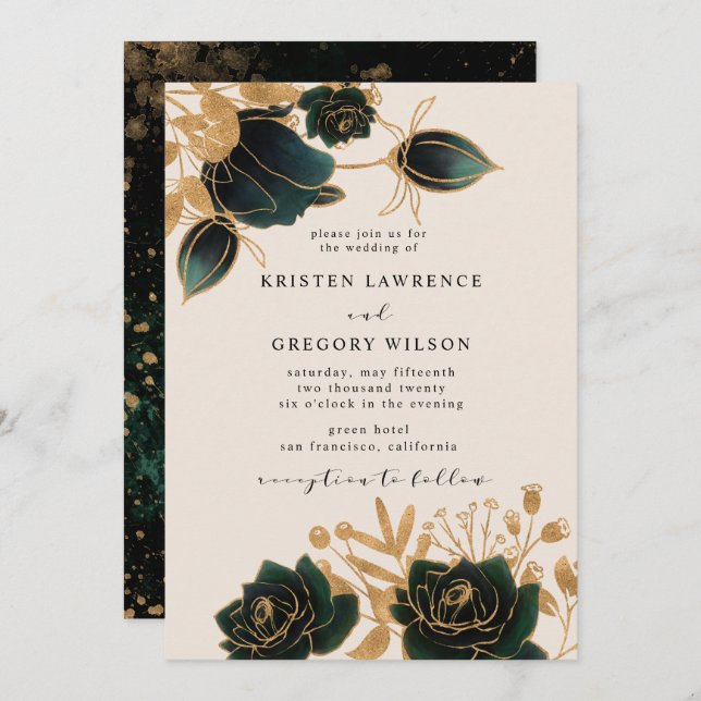 Watercolor Gold roses Wedding Invitation (Front/Back)