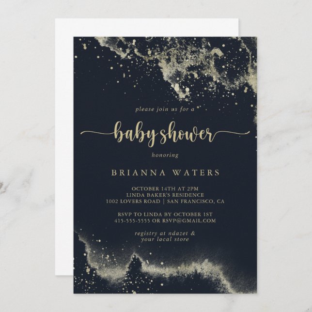 Watercolor Gold Splash Calligraphy Baby Shower   Invitation (Front/Back)