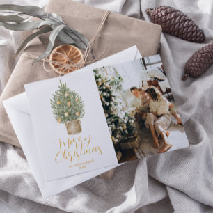 Watercolor Gold Tree Photo Merry Christmas Holiday Card