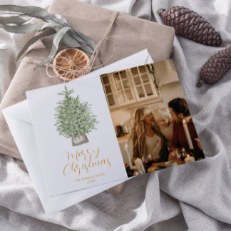 Watercolor Gold Tree Photo Merry Christmas Holiday Card