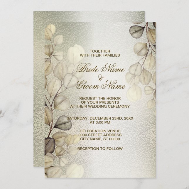 Watercolor Golden Eucalyptus Elegant Wedding Shiny Invitation (Front/Back)