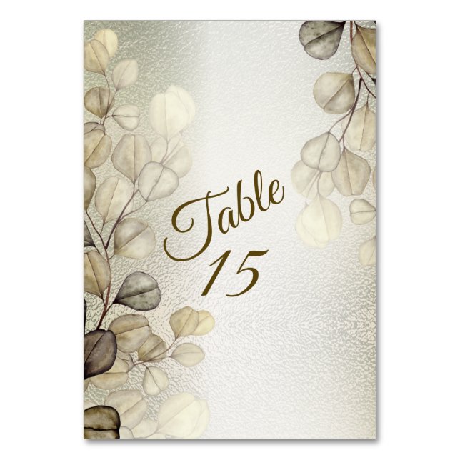 Watercolor Golden Eucalyptus Foliage Wedding Shiny Table Number (Front)