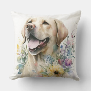 Watercolor Golden Labrador Retriever and Flowers Cushion