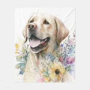 Watercolor Golden Labrador Retriever and Flowers Fleece Blanket