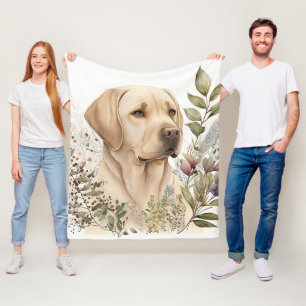 Watercolor Golden Labrador Retriever and Flowers Fleece Blanket