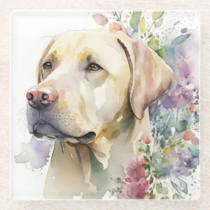 Watercolor Golden Labrador Retriever and Flowers Glass Coaster