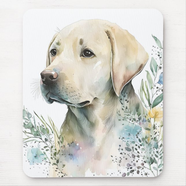 Watercolor Golden Labrador Retriever and Flowers Mouse Pad (Front)