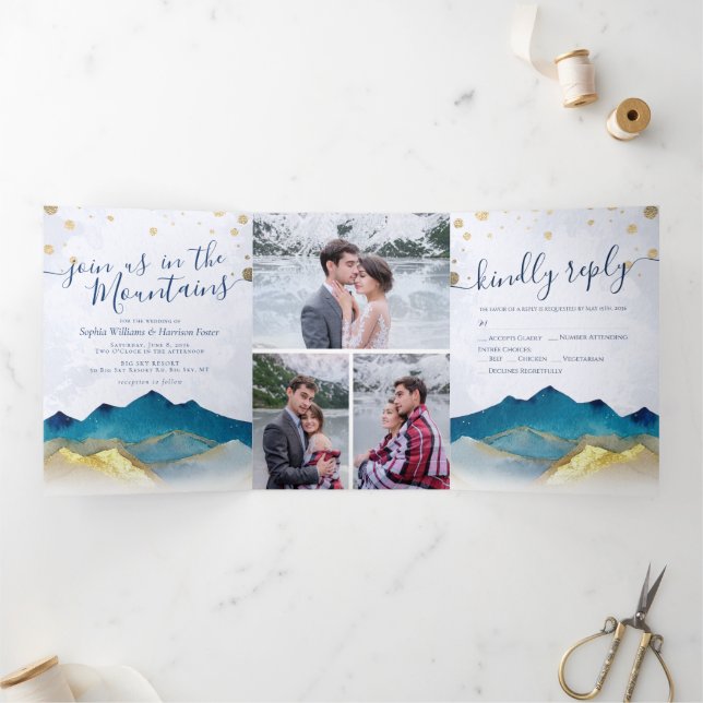 Watercolor Golden Mountains Photo Collage Wedding  Tri-Fold Invitation (Inside)