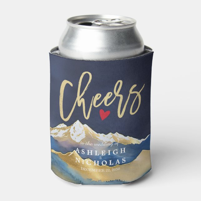Watercolor Golden Mountains Wedding Cheers to Love Can Cooler (Can Front)