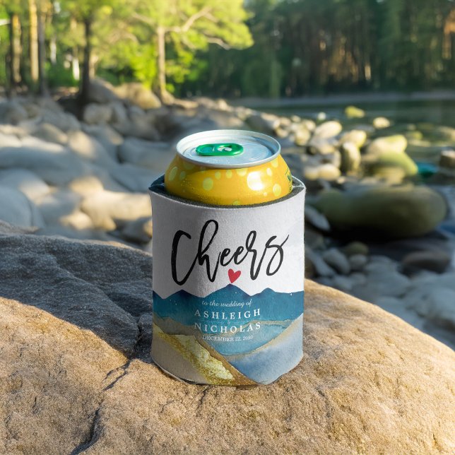 Watercolor Golden Mountains Wedding Cheers to Love Can Cooler (Creator Uploaded)