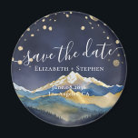 Watercolor Golden Mountains Wedding Save The Date  Magnet<br><div class="desc">Let The Adventure Begin! Modern Vintage Elegant Wedding Save The Date Magnet Template - Blue Green and Faux Gold Foil Watercolor Mountains Landscapes Scenery. These Designs Can Be Personalised For Your Special Occasion And Would Be Perfect For Your Wedding, Bridal Shower, Engagement Party, Birthday Party And Many More Special Occasions....</div>