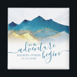 Watercolor Golden Mountains Wedding Save The Date Magnet<br><div class="desc">Let The Adventure Begin! Modern Vintage Elegant Wedding Save The Date Magnet Template - Blue Green and Faux Gold Foil Watercolor Mountains Landscapes Scenery. These Designs Can Be Personalised For Your Special Occasion And Would Be Perfect For Your Wedding, Bridal Shower, Engagement Party, Birthday Party And Many More Special Occasions....</div>