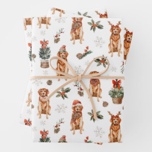 Watercolor Golden Retriever Christmas Dogs Wrapping Paper Sheet