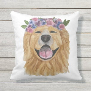 watercolor Golden Retriever Flower Crown Pillow