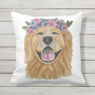 watercolor Golden Retriever Flower Crown Pillow