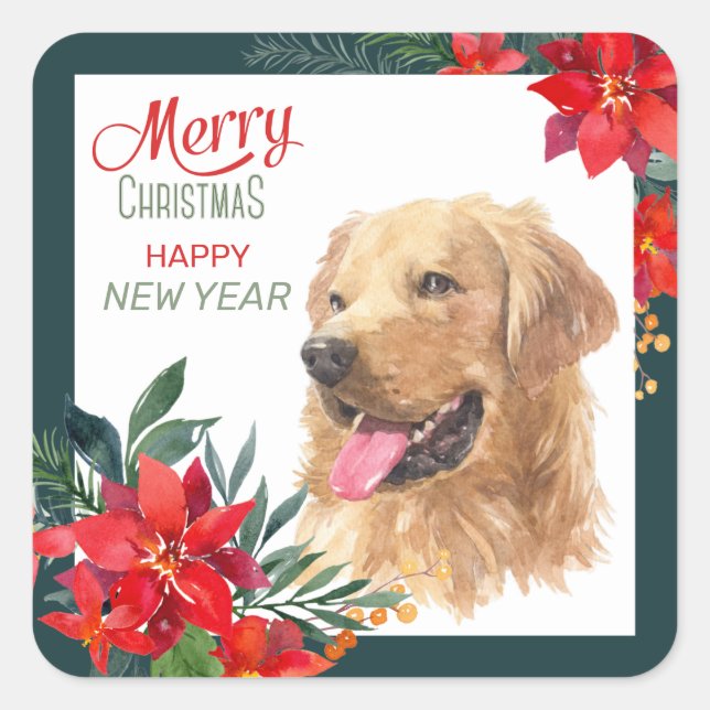 Watercolor Golden Retriever Poinsettia Bouquet Square Sticker (Front)